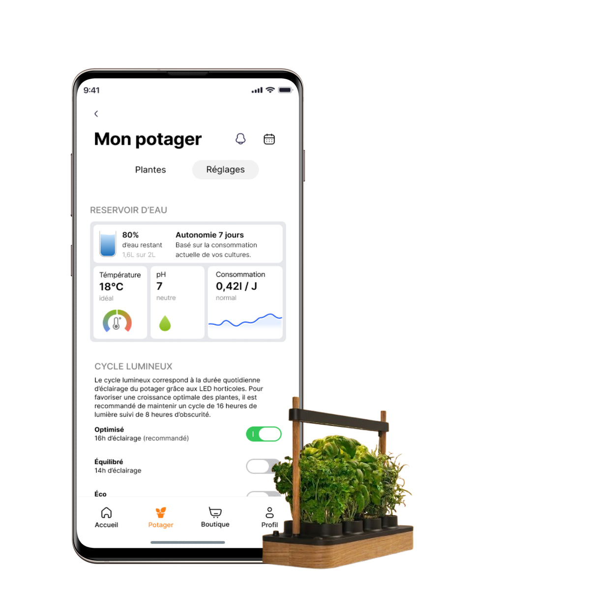 Image d'un Mockup de l'application cultive qui montre les fonctionnalités disponibles pour le potager connecté. 