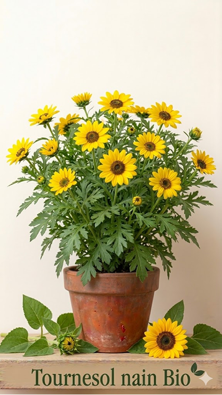 Image montrant un pot de fleurs avec à l'intérieur un tournesol miniature